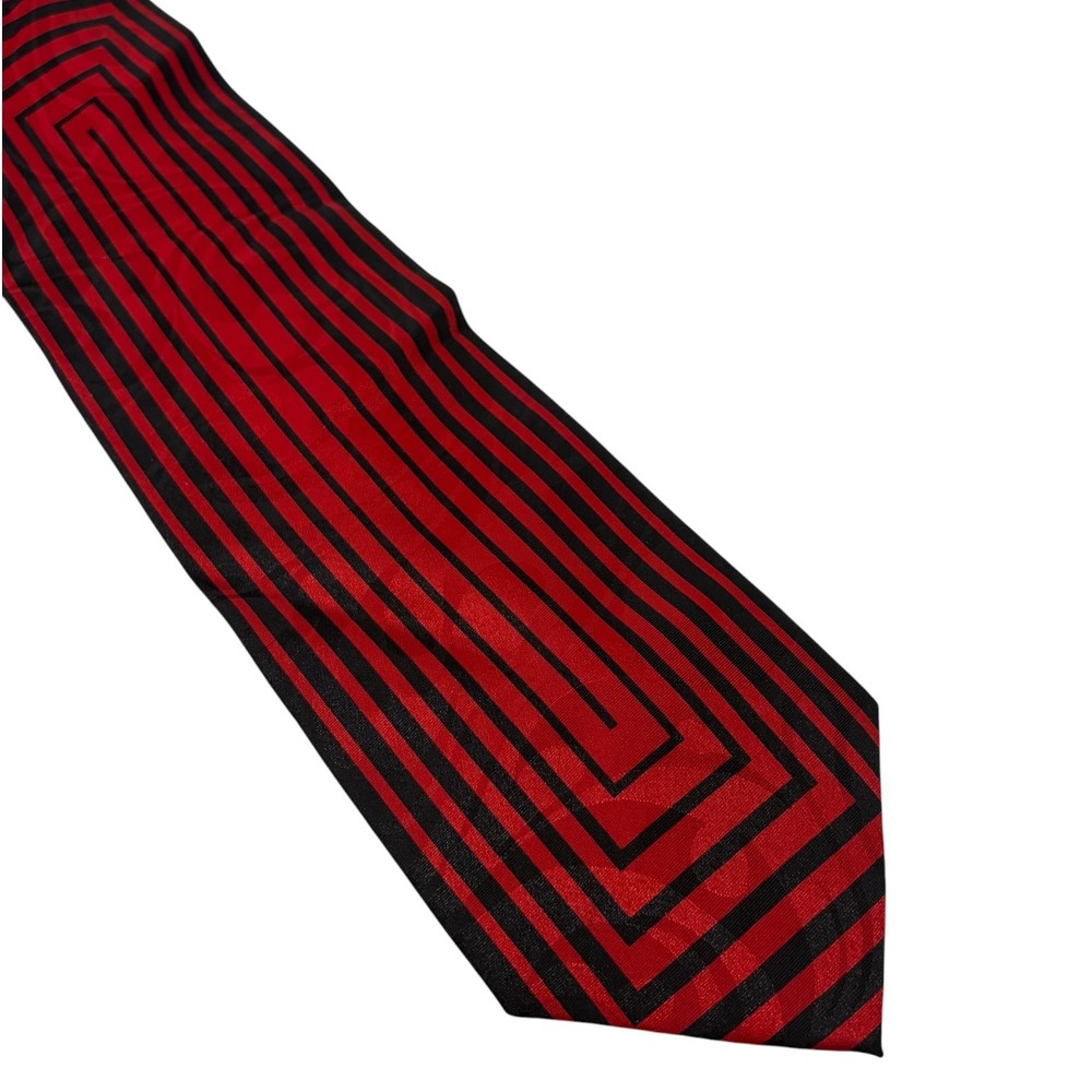 Vintage Berlioni Italy Silk Necktie Red Black Geometric Stripe Handmade